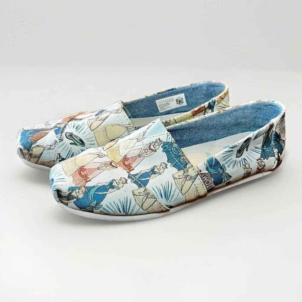 Disney X TOMS Girls Blue Cinderella Printed‎ Canvas Flats 5 LIMITED EDITION